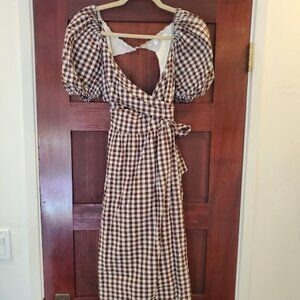 Small Off White & Brown Shop Neighbor Gingham Dress Puff Sleeves 100% Cotton